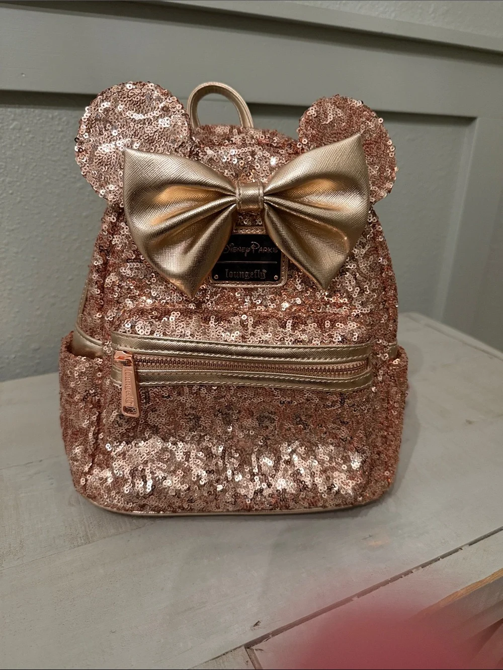 Loungefly Kids Sequin Minnie Ear Backpack in Rose Gold